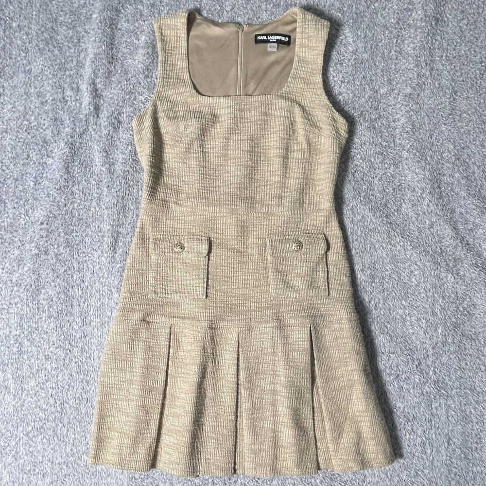Karl Lagerfeld Paris Tweed Dress Womens Size 6 Tan Tweed Pleated Drop Waist